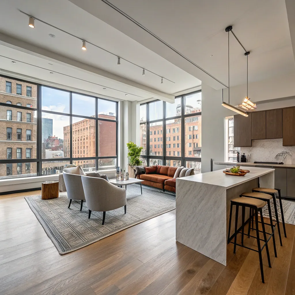 Modern open space design in renovated apartment